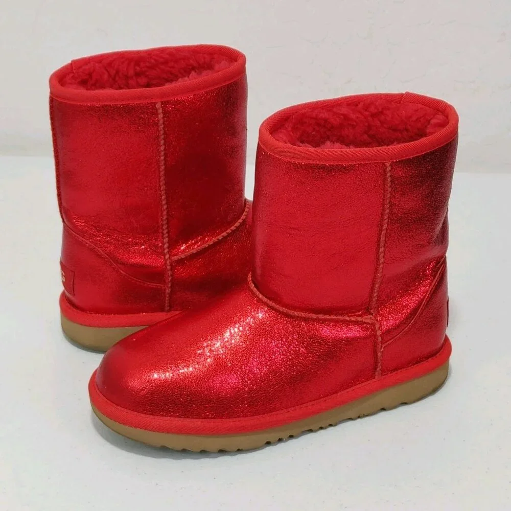UGG Classic II Red Metallic Sparkle Leather Winter Boots Kids Size 3